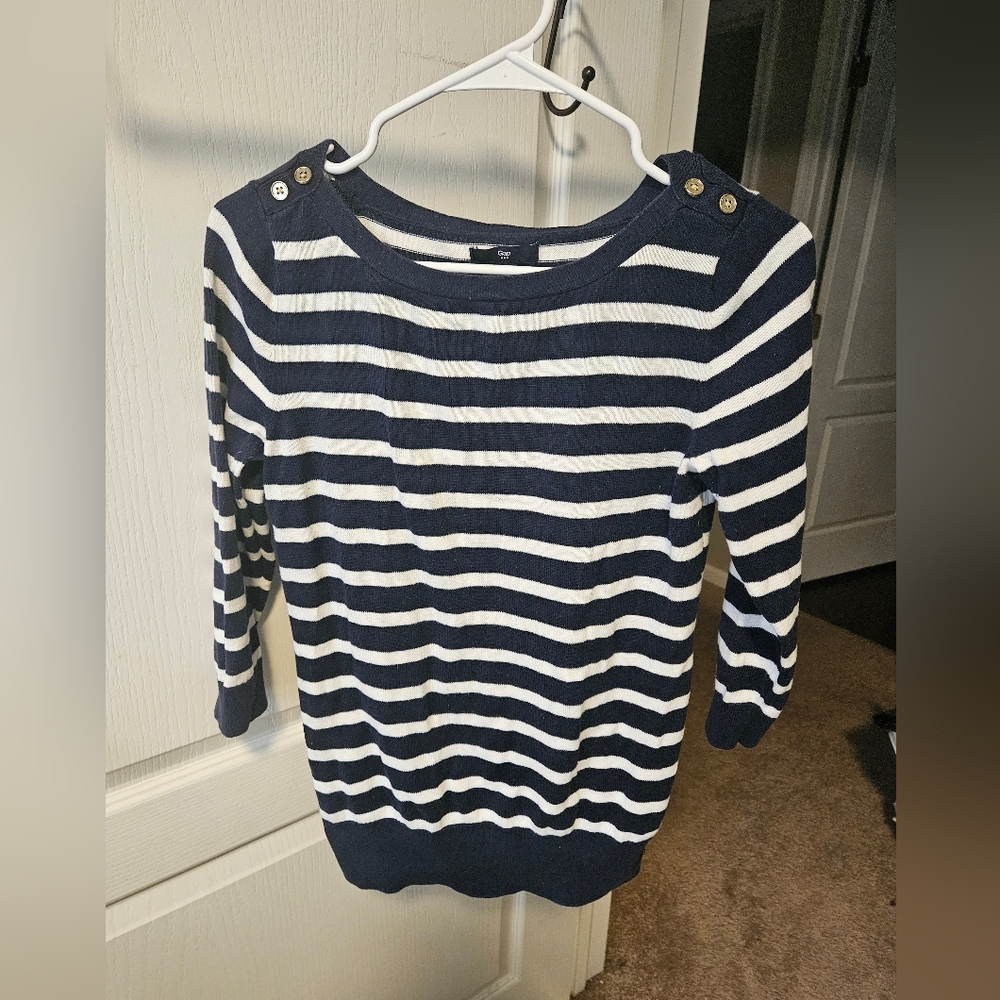 GAP Navy and White Striped Crew Neck Sweater